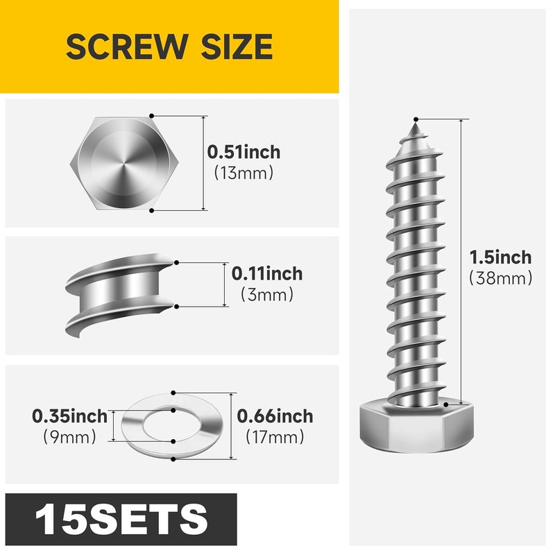 MYWISH (15Sets) 5/16" x 1-1/2" Hex Head Lag Bolts, Heavy Duty Lag Screws with Washers, 304 Stainless Steel Bolts 18-8, Lag Screws Wood Screws, Partial Thread Bright Finish, 5/16 Bolt - Image 2